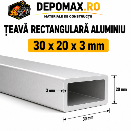 Teava rectangulara aluminiu 30 x 20 x 3 mm, 6 metri (EN AW-6060)